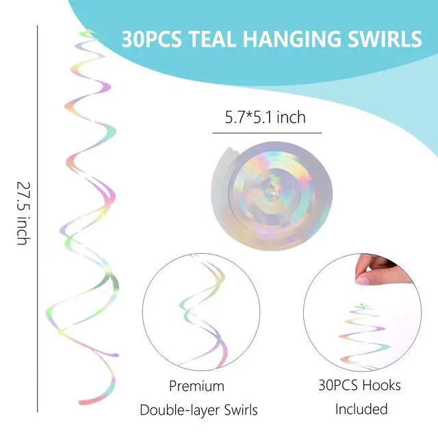 Alt view image 5 of 7 - Iridescent Hanging Swirls Party Decorations 30 Pack- Extra Long Double Swirl Ceiling Decorations for Birthday, Baby Shower, Christmas, Wedding| Reusable Iridescent Party Streamers with Hooks