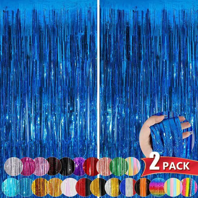 Main image of Blue Metallic Tinsel Foil Fringe Curtains, 2 Pack 3.3x8.3 Feet Party Streamer Curtains for Birthday Party Decorations, Halloween Decor, Foil Curtain Backdrop for Bachelorette Party
