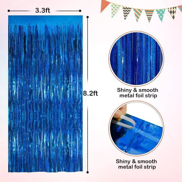 Alt view image 2 of 7 - Blue Metallic Tinsel Foil Fringe Curtains, 2 Pack 3.3x8.3 Feet Party Streamer Curtains for Birthday Party Decorations, Halloween Decor, Foil Curtain Backdrop for Bachelorette Party