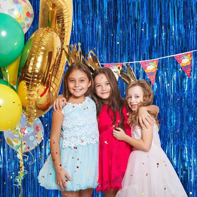 Alt view image 6 of 7 - Blue Metallic Tinsel Foil Fringe Curtains, 2 Pack 3.3x8.3 Feet Party Streamer Curtains for Birthday Party Decorations, Halloween Decor, Foil Curtain Backdrop for Bachelorette Party