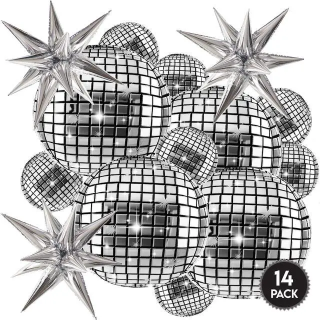 Main image of Inflatable Disco Ball Balloons Pack of 14 - 22 Silver Mylar Foil Disco Party Balloons with Star Balloons, Ribbon & Pipe for New Year's Disco Ball Decorations Party, Bachelorette, Birthday Décor