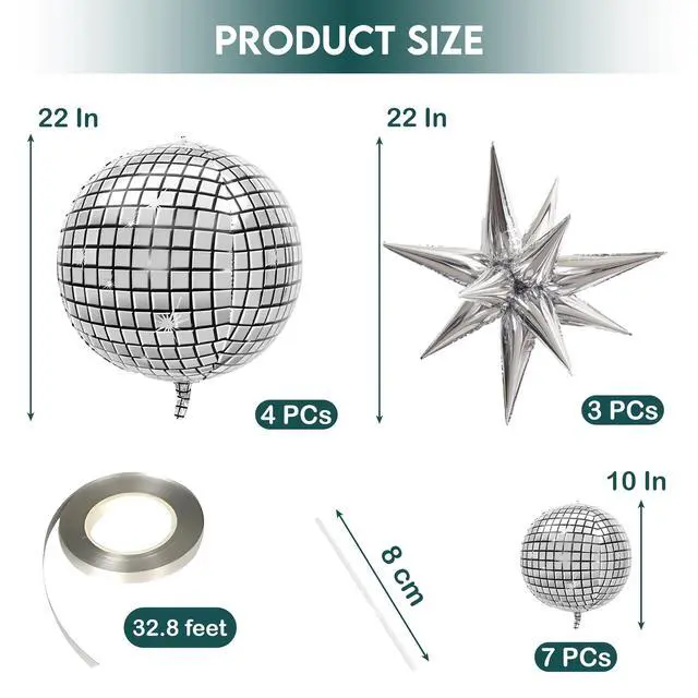 Alt view image 2 of 7 - Inflatable Disco Ball Balloons Pack of 14 - 22 Silver Mylar Foil Disco Party Balloons with Star Balloons, Ribbon & Pipe for New Year's Disco Ball Decorations Party, Bachelorette, Birthday Décor