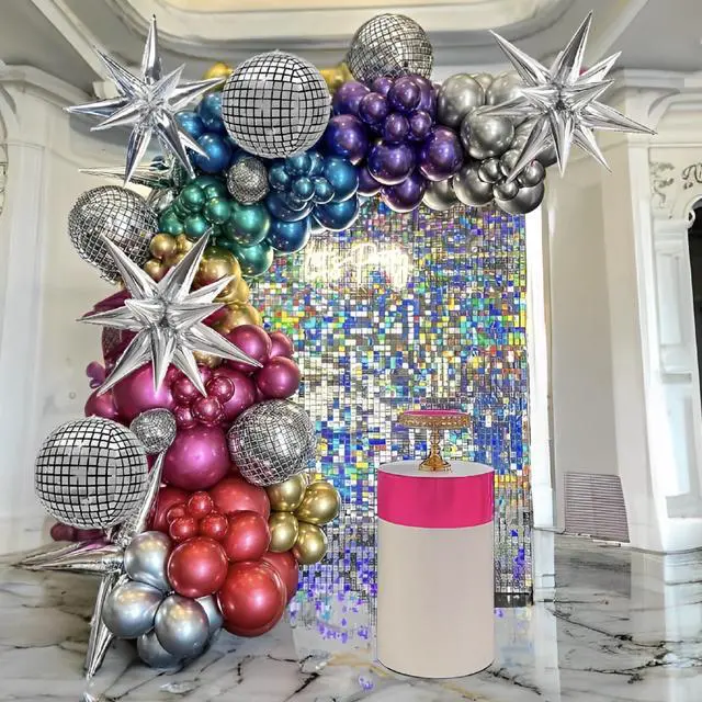 Alt view image 5 of 7 - Inflatable Disco Ball Balloons Pack of 14 - 22 Silver Mylar Foil Disco Party Balloons with Star Balloons, Ribbon & Pipe for New Year's Disco Ball Decorations Party, Bachelorette, Birthday Décor