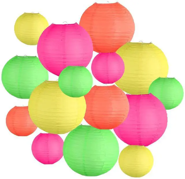 Main image of Glow in The Dark Party Supplies, Neon Party Decorations, Colorful Round Hanging Paper Lanterns Decorations for Neon Themed Birthday Wedding Baby Shower Home and Bar Decor, 15Pcs