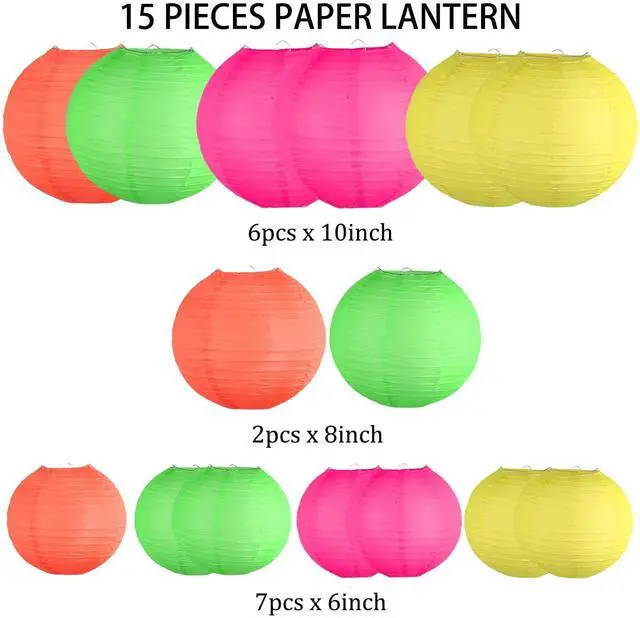 Alt view image 2 of 6 - Glow in The Dark Party Supplies, Neon Party Decorations, Colorful Round Hanging Paper Lanterns Decorations for Neon Themed Birthday Wedding Baby Shower Home and Bar Decor, 15Pcs