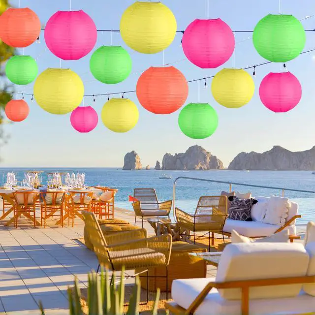 Alt view image 3 of 6 - Glow in The Dark Party Supplies, Neon Party Decorations, Colorful Round Hanging Paper Lanterns Decorations for Neon Themed Birthday Wedding Baby Shower Home and Bar Decor, 15Pcs