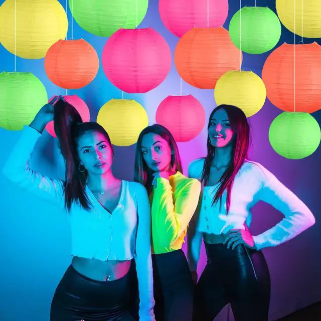 Alt view image 4 of 6 - Glow in The Dark Party Supplies, Neon Party Decorations, Colorful Round Hanging Paper Lanterns Decorations for Neon Themed Birthday Wedding Baby Shower Home and Bar Decor, 15Pcs