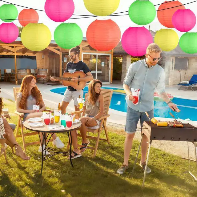 Alt view image 5 of 6 - Glow in The Dark Party Supplies, Neon Party Decorations, Colorful Round Hanging Paper Lanterns Decorations for Neon Themed Birthday Wedding Baby Shower Home and Bar Decor, 15Pcs