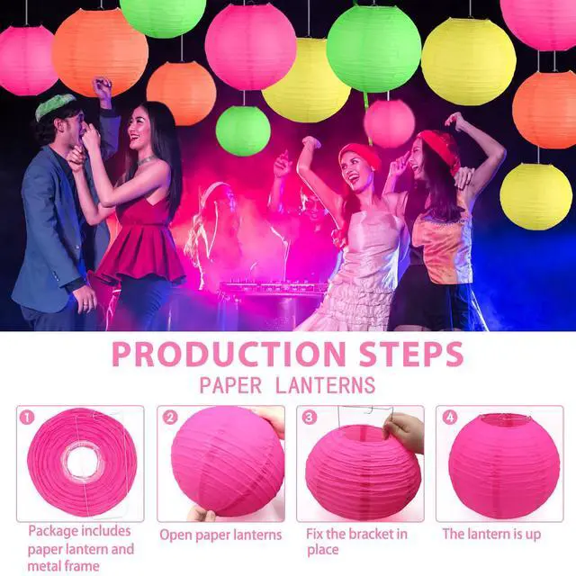 Alt view image 6 of 6 - Glow in The Dark Party Supplies, Neon Party Decorations, Colorful Round Hanging Paper Lanterns Decorations for Neon Themed Birthday Wedding Baby Shower Home and Bar Decor, 15Pcs