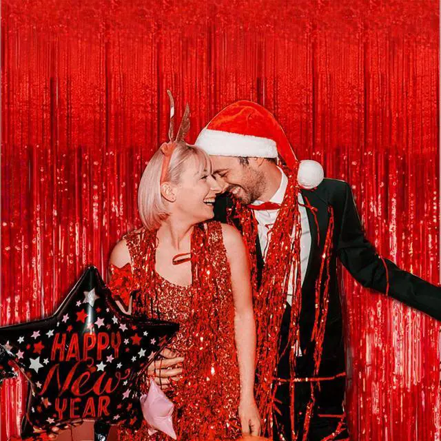 Alt view image 2 of 7 - 2 Pack Red Streamers Party Backdrop Christmas Decorations Foil Fringe Backdrop Curtains Carnival Casino Theme Birthday New Year Holiday Celebration Bachelorette Party Decorations Supplies