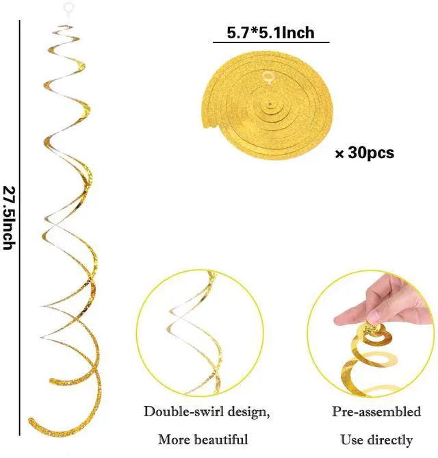 Alt view image 4 of 6 - 30 Pieces Gold Hanging Swirl Decorations Sparkle Golden Plastic Streamers Ceiling Decorations Wedding Bachelorette Baby Shower Birthday Party Anniversary Graduation Christmas New Year Decorations