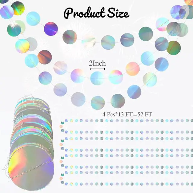 Alt view image 2 of 7 - Iridescent Party Decorations,4 Pack Holographic Circle Garlands Disco Theme Birthday Decorations with Tape,Hanging Streamer for Graduation Decor Euphoria Party Supplies,Karaoke Music Party Backdrop