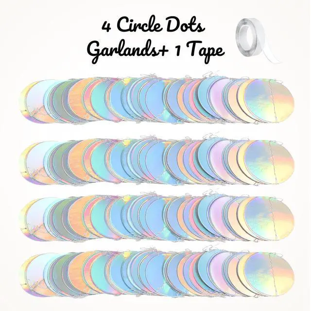 Alt view image 3 of 7 - Iridescent Party Decorations,4 Pack Holographic Circle Garlands Disco Theme Birthday Decorations with Tape,Hanging Streamer for Graduation Decor Euphoria Party Supplies,Karaoke Music Party Backdrop