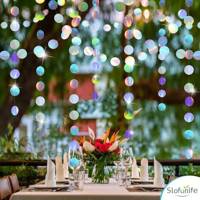 Alt view image 5 of 7 - Iridescent Party Decorations,4 Pack Holographic Circle Garlands Disco Theme Birthday Decorations with Tape,Hanging Streamer for Graduation Decor Euphoria Party Supplies,Karaoke Music Party Backdrop