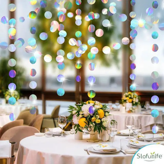 Alt view image 6 of 7 - Iridescent Party Decorations,4 Pack Holographic Circle Garlands Disco Theme Birthday Decorations with Tape,Hanging Streamer for Graduation Decor Euphoria Party Supplies,Karaoke Music Party Backdrop