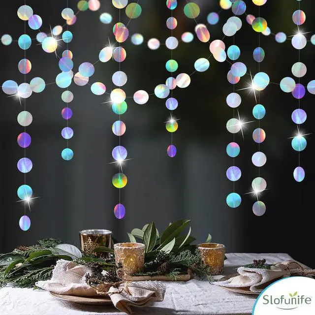 Alt view image 7 of 7 - Iridescent Party Decorations,4 Pack Holographic Circle Garlands Disco Theme Birthday Decorations with Tape,Hanging Streamer for Graduation Decor Euphoria Party Supplies,Karaoke Music Party Backdrop