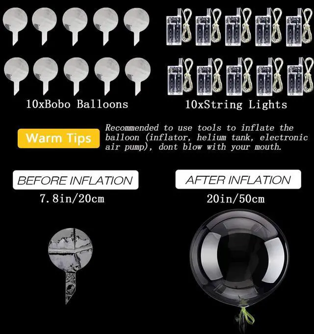 Alt view image 6 of 7 - LED Balloons 10 Pack, Light Up Balloons 20 Inches Clear Helium Bobo Balloon, Glow Bubble Balloons with String Lights for Valentines Day Halloween Christmas Wedding Birthday Party Decoration