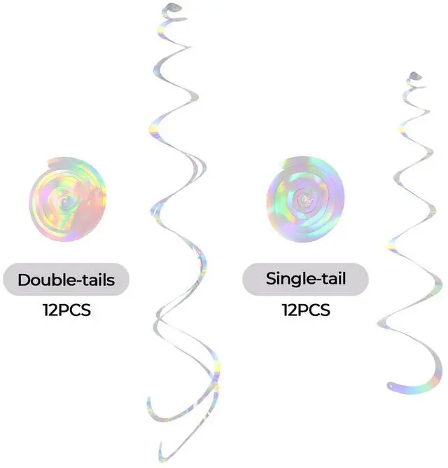 Alt view image 2 of 7 - 24 PCS Iridescent Hanging Swirl, Shinny Holographic Ceiling Decorations, Plastic Streamer Party Decorations with Double-Swirls and Single-Swirls for Birthday Decorations,Mermaid,Wedding, Baby Shower