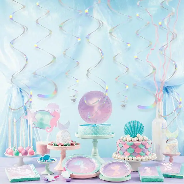Alt view image 3 of 7 - 24 PCS Iridescent Hanging Swirl, Shinny Holographic Ceiling Decorations, Plastic Streamer Party Decorations with Double-Swirls and Single-Swirls for Birthday Decorations,Mermaid,Wedding, Baby Shower
