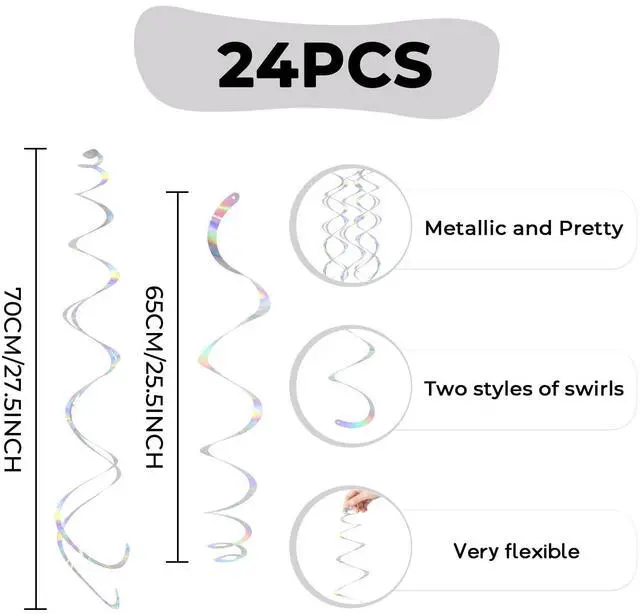 Alt view image 7 of 7 - 24 PCS Iridescent Hanging Swirl, Shinny Holographic Ceiling Decorations, Plastic Streamer Party Decorations with Double-Swirls and Single-Swirls for Birthday Decorations,Mermaid,Wedding, Baby Shower