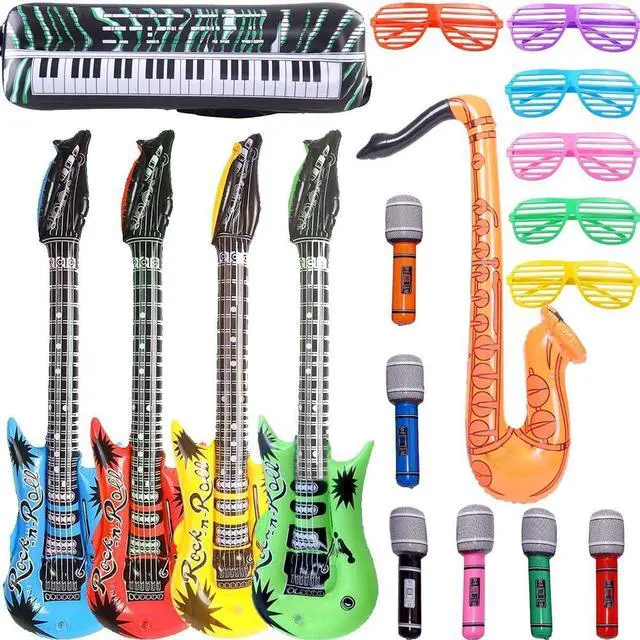 Main image of Inflatable Rock Star Toy Set, 18 Pack Inflatable Party Props - 4 Inflatable Guitar, 6 Microphones, 6 Shutter Shading Glasses, 1 Saxophone and 1 Inflatable Keyboard Piano Inflatable Rock Toys