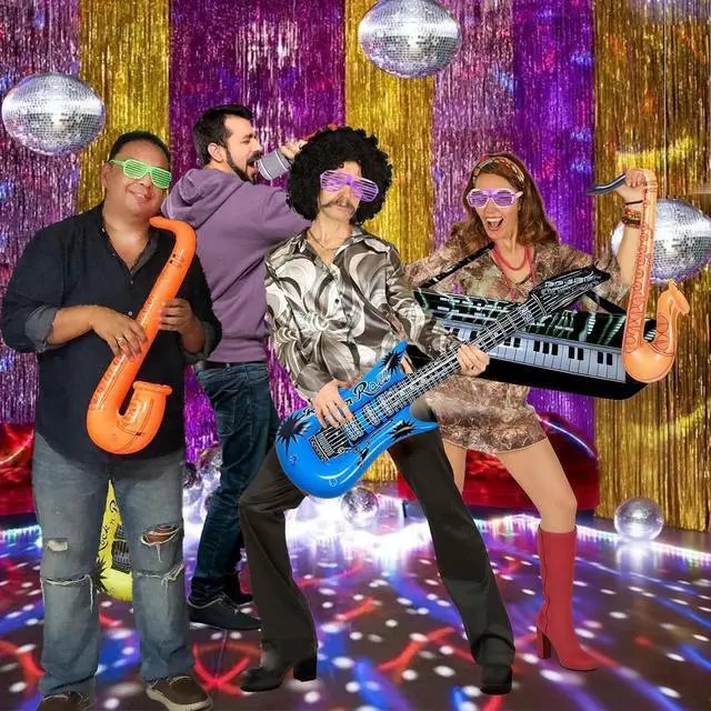 Alt view image 2 of 7 - Inflatable Rock Star Toy Set, 18 Pack Inflatable Party Props - 4 Inflatable Guitar, 6 Microphones, 6 Shutter Shading Glasses, 1 Saxophone and 1 Inflatable Keyboard Piano Inflatable Rock Toys