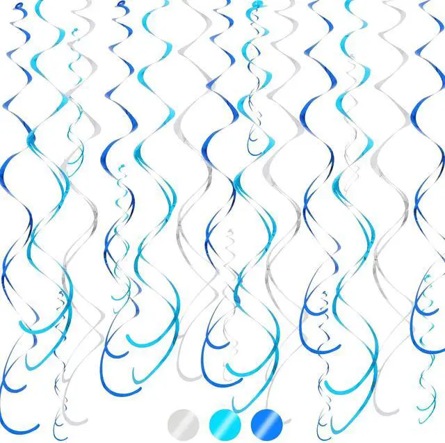 Main image of Blue Blue Silver Hanging Swirls Party Decorations Plastic Streamer for Ceiling, Birthday Hanging Party Supplies, Pack of 30