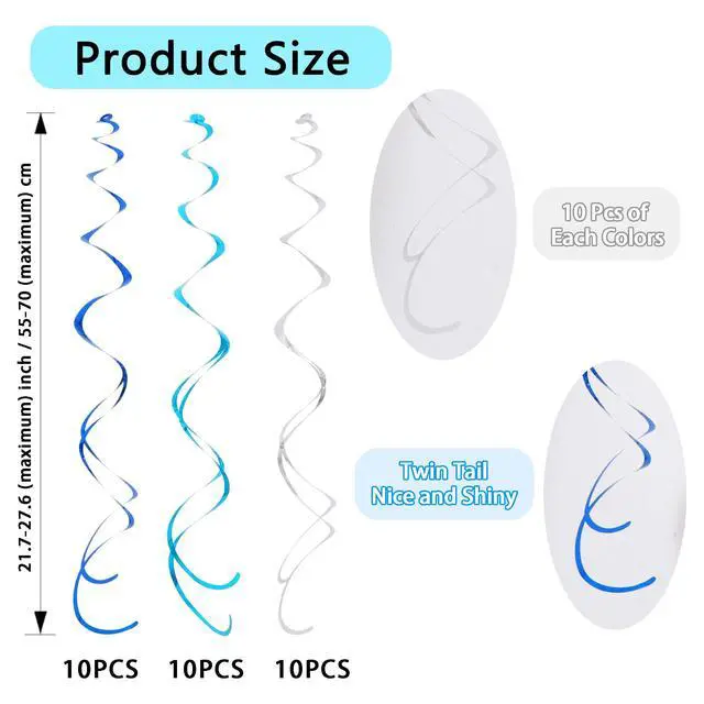 Alt view image 2 of 6 - Blue Blue Silver Hanging Swirls Party Decorations Plastic Streamer for Ceiling, Birthday Hanging Party Supplies, Pack of 30