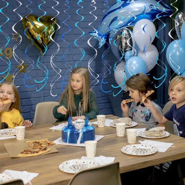 Alt view image 4 of 6 - Blue Blue Silver Hanging Swirls Party Decorations Plastic Streamer for Ceiling, Birthday Hanging Party Supplies, Pack of 30