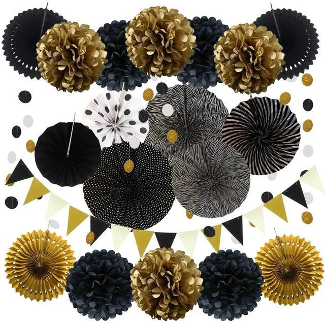 Main image of Party Decoration, 21 Pcs Black and Gold Hanging Paper Fans, Pom Poms Flowers, Garlands String Polka Dot and Triangle Bunting Flags for Birthday Parties Wedding Décor, Table & Wall Decorations