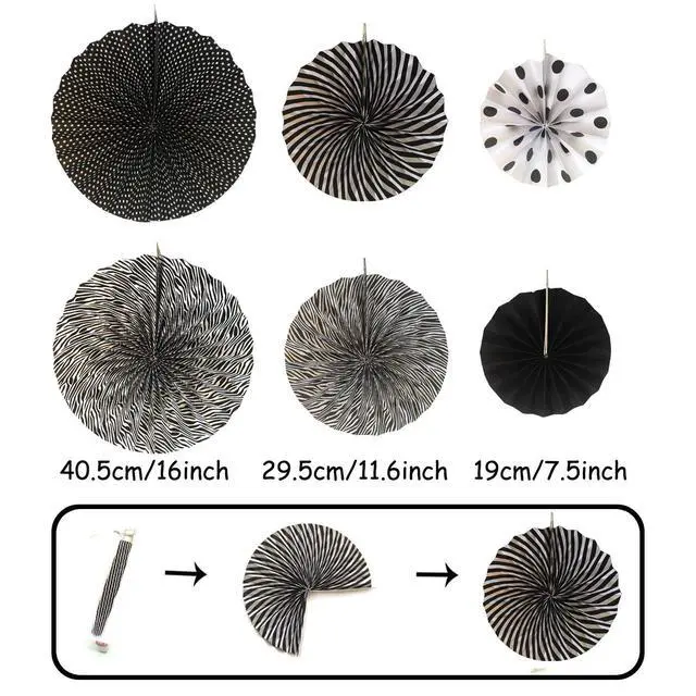 Alt view image 2 of 7 - Party Decoration, 21 Pcs Black and Gold Hanging Paper Fans, Pom Poms Flowers, Garlands String Polka Dot and Triangle Bunting Flags for Birthday Parties Wedding Décor, Table & Wall Decorations