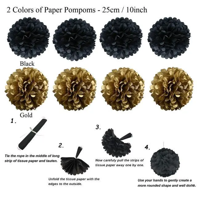 Alt view image 4 of 7 - Party Decoration, 21 Pcs Black and Gold Hanging Paper Fans, Pom Poms Flowers, Garlands String Polka Dot and Triangle Bunting Flags for Birthday Parties Wedding Décor, Table & Wall Decorations