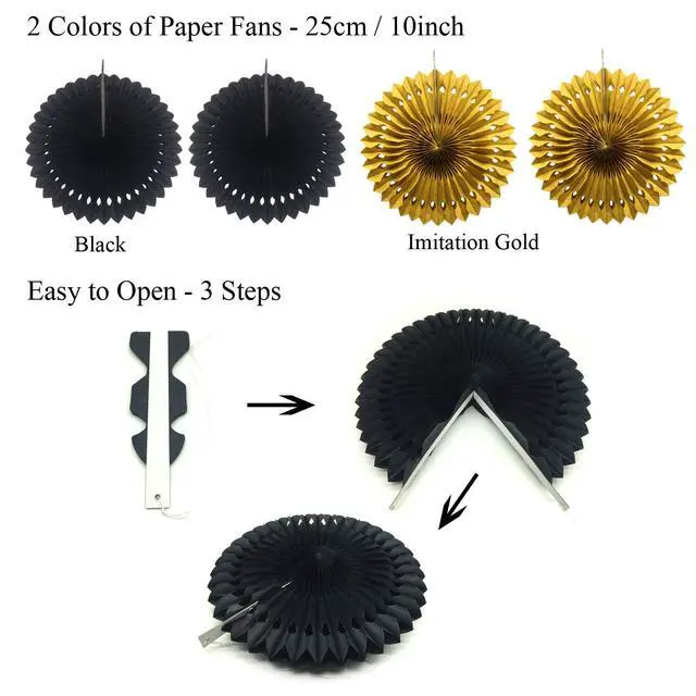 Alt view image 3 of 7 - Party Decoration, 21 Pcs Black and Gold Hanging Paper Fans, Pom Poms Flowers, Garlands String Polka Dot and Triangle Bunting Flags for Birthday Parties Wedding Décor, Table & Wall Decorations