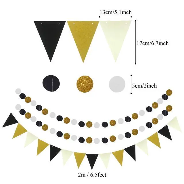 Alt view image 5 of 7 - Party Decoration, 21 Pcs Black and Gold Hanging Paper Fans, Pom Poms Flowers, Garlands String Polka Dot and Triangle Bunting Flags for Birthday Parties Wedding Décor, Table & Wall Decorations