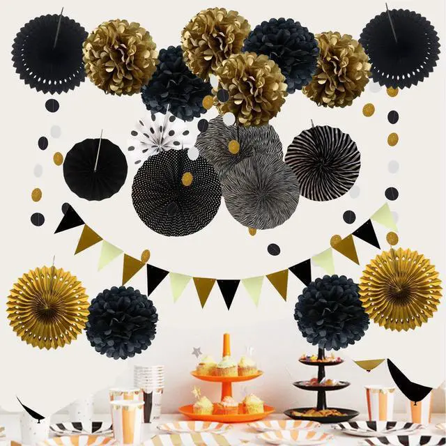 Alt view image 6 of 7 - Party Decoration, 21 Pcs Black and Gold Hanging Paper Fans, Pom Poms Flowers, Garlands String Polka Dot and Triangle Bunting Flags for Birthday Parties Wedding Décor, Table & Wall Decorations