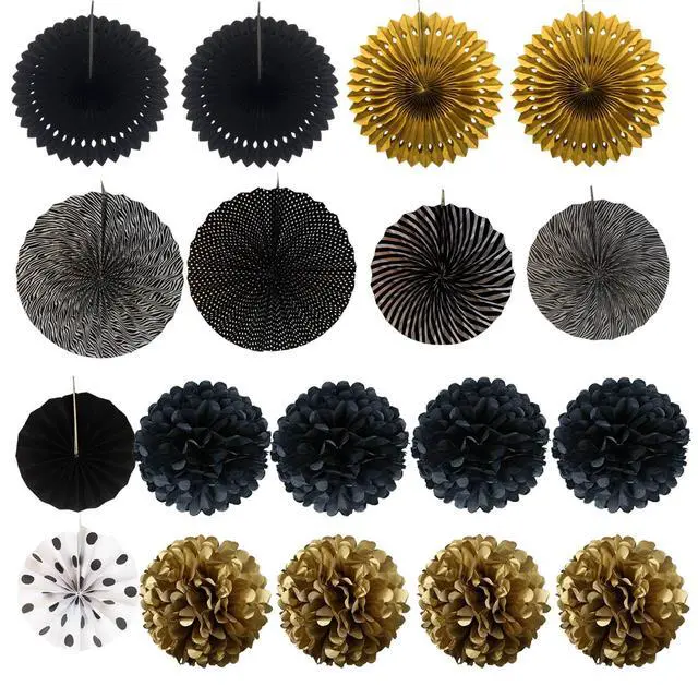 Alt view image 7 of 7 - Party Decoration, 21 Pcs Black and Gold Hanging Paper Fans, Pom Poms Flowers, Garlands String Polka Dot and Triangle Bunting Flags for Birthday Parties Wedding Décor, Table & Wall Decorations