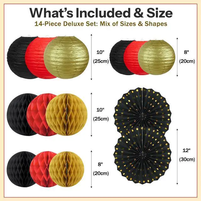 Alt view image 4 of 7 - 14 Pack Red Black and Gold Party Decorations Kit, Hanging Paper Lanterns & Fans for Casino Night, Red Carpet, Hollywood Theme Party, Game Night, Hibachi Party and Graduation