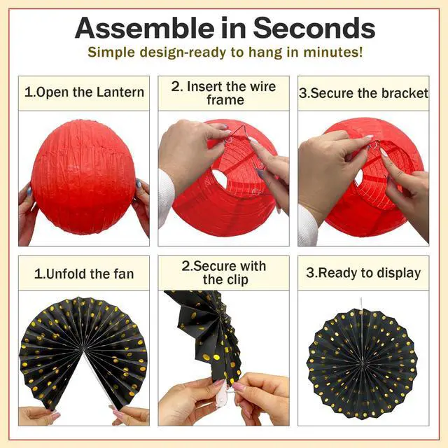 Alt view image 5 of 7 - 14 Pack Red Black and Gold Party Decorations Kit, Hanging Paper Lanterns & Fans for Casino Night, Red Carpet, Hollywood Theme Party, Game Night, Hibachi Party and Graduation