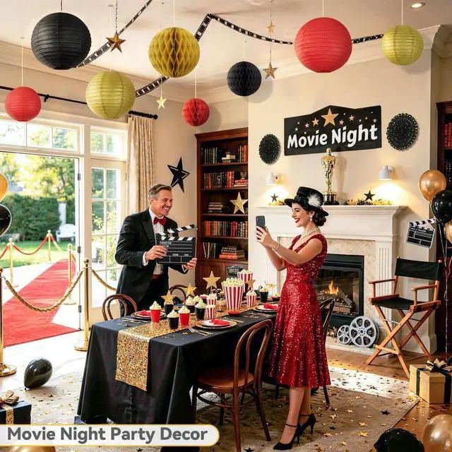 Alt view image 3 of 7 - 14 Pack Red Black and Gold Party Decorations Kit, Hanging Paper Lanterns & Fans for Casino Night, Red Carpet, Hollywood Theme Party, Game Night, Hibachi Party and Graduation
