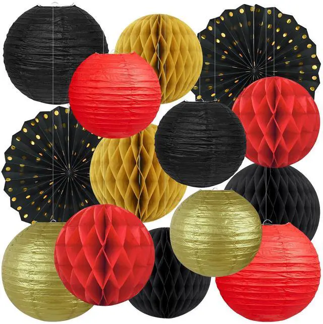 Main image of 14 Pack Red Black and Gold Party Decorations Kit, Hanging Paper Lanterns & Fans for Casino Night, Red Carpet, Hollywood Theme Party, Game Night, Hibachi Party and Graduation