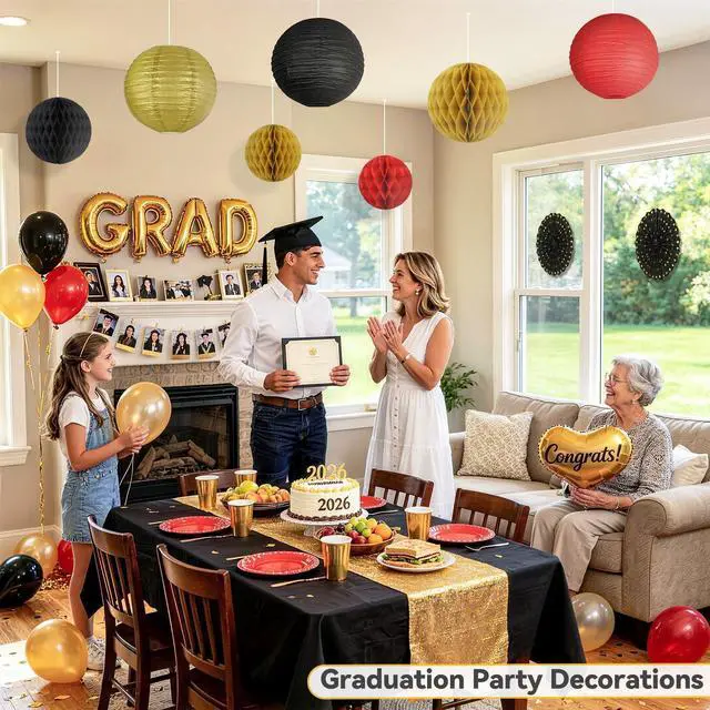 Alt view image 2 of 7 - 14 Pack Red Black and Gold Party Decorations Kit, Hanging Paper Lanterns & Fans for Casino Night, Red Carpet, Hollywood Theme Party, Game Night, Hibachi Party and Graduation