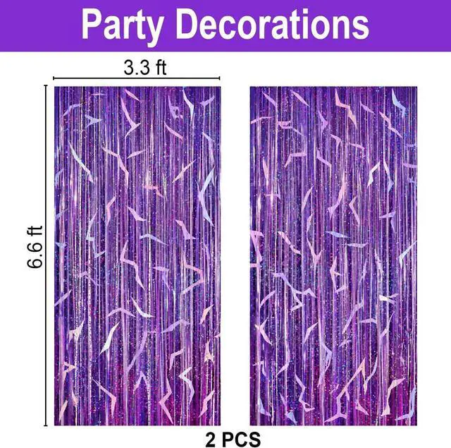Alt view image 2 of 7 - 2 Pack K-STYL Purple Foil Fringe Curtains Party Decorations - 3.3 ft x 6.6 ft Energy Pattern Sparkling Holographic Laser Foil Curtain for Girls Disco Bachelorette Party Supplies