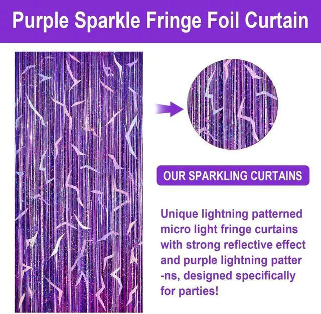 Alt view image 3 of 7 - 2 Pack K-STYL Purple Foil Fringe Curtains Party Decorations - 3.3 ft x 6.6 ft Energy Pattern Sparkling Holographic Laser Foil Curtain for Girls Disco Bachelorette Party Supplies