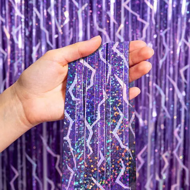 Alt view image 4 of 7 - 2 Pack K-STYL Purple Foil Fringe Curtains Party Decorations - 3.3 ft x 6.6 ft Energy Pattern Sparkling Holographic Laser Foil Curtain for Girls Disco Bachelorette Party Supplies