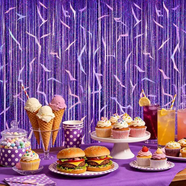Alt view image 5 of 7 - 2 Pack K-STYL Purple Foil Fringe Curtains Party Decorations - 3.3 ft x 6.6 ft Energy Pattern Sparkling Holographic Laser Foil Curtain for Girls Disco Bachelorette Party Supplies