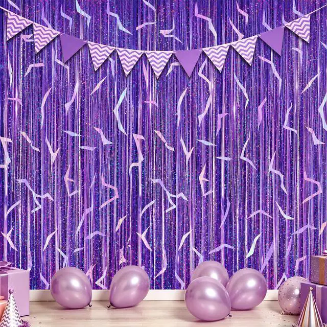 Alt view image 6 of 7 - 2 Pack K-STYL Purple Foil Fringe Curtains Party Decorations - 3.3 ft x 6.6 ft Energy Pattern Sparkling Holographic Laser Foil Curtain for Girls Disco Bachelorette Party Supplies
