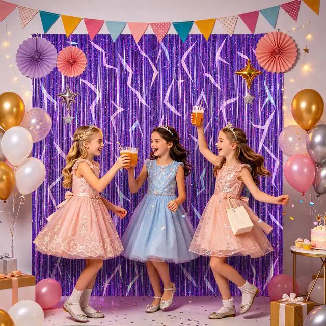Alt view image 7 of 7 - 2 Pack K-STYL Purple Foil Fringe Curtains Party Decorations - 3.3 ft x 6.6 ft Energy Pattern Sparkling Holographic Laser Foil Curtain for Girls Disco Bachelorette Party Supplies