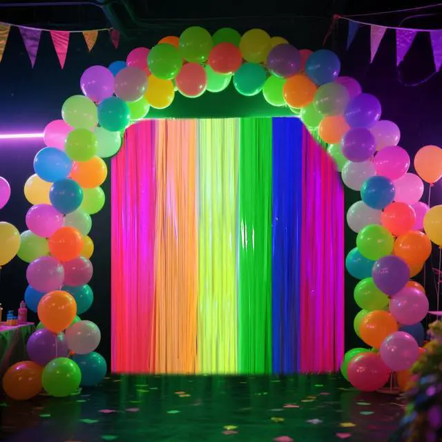 Alt view image 3 of 7 - 4 Packs Glow in the Dark Foil Fringe Curtain, Macaron Rainbow Blacklight Reactive Fluorescent Tinsel Backdrop Neon Luminous Streamers for Birthday, Wedding, Neon Party, Glow Party Decorations Supplies