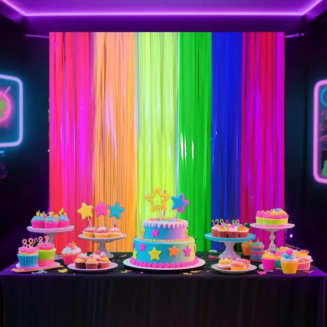 Alt view image 5 of 7 - 4 Packs Glow in the Dark Foil Fringe Curtain, Macaron Rainbow Blacklight Reactive Fluorescent Tinsel Backdrop Neon Luminous Streamers for Birthday, Wedding, Neon Party, Glow Party Decorations Supplies