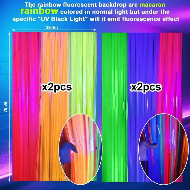 Alt view image 6 of 7 - 4 Packs Glow in the Dark Foil Fringe Curtain, Macaron Rainbow Blacklight Reactive Fluorescent Tinsel Backdrop Neon Luminous Streamers for Birthday, Wedding, Neon Party, Glow Party Decorations Supplies